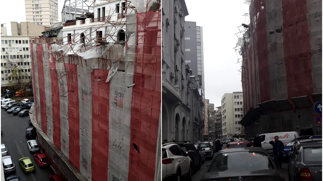 GALERIE FOTO | O schelă din Capitală s-a desprins parţial din cauza vântului. Bucăţi din structură au avariat maşini / Recomandarea ISU pentru pietoni