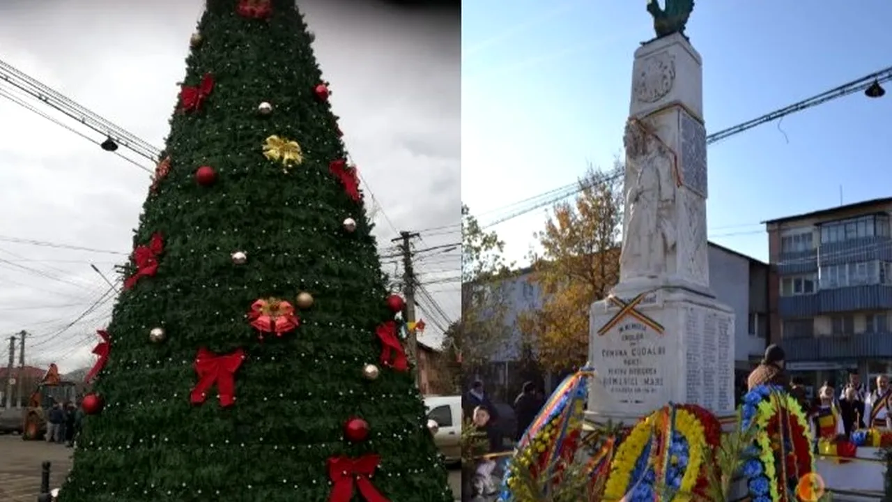2 în 1. Statuia Eroilor dintr-o comună din România, folosită pe post de BRAD de Crăciun | FOTO, VIDEO