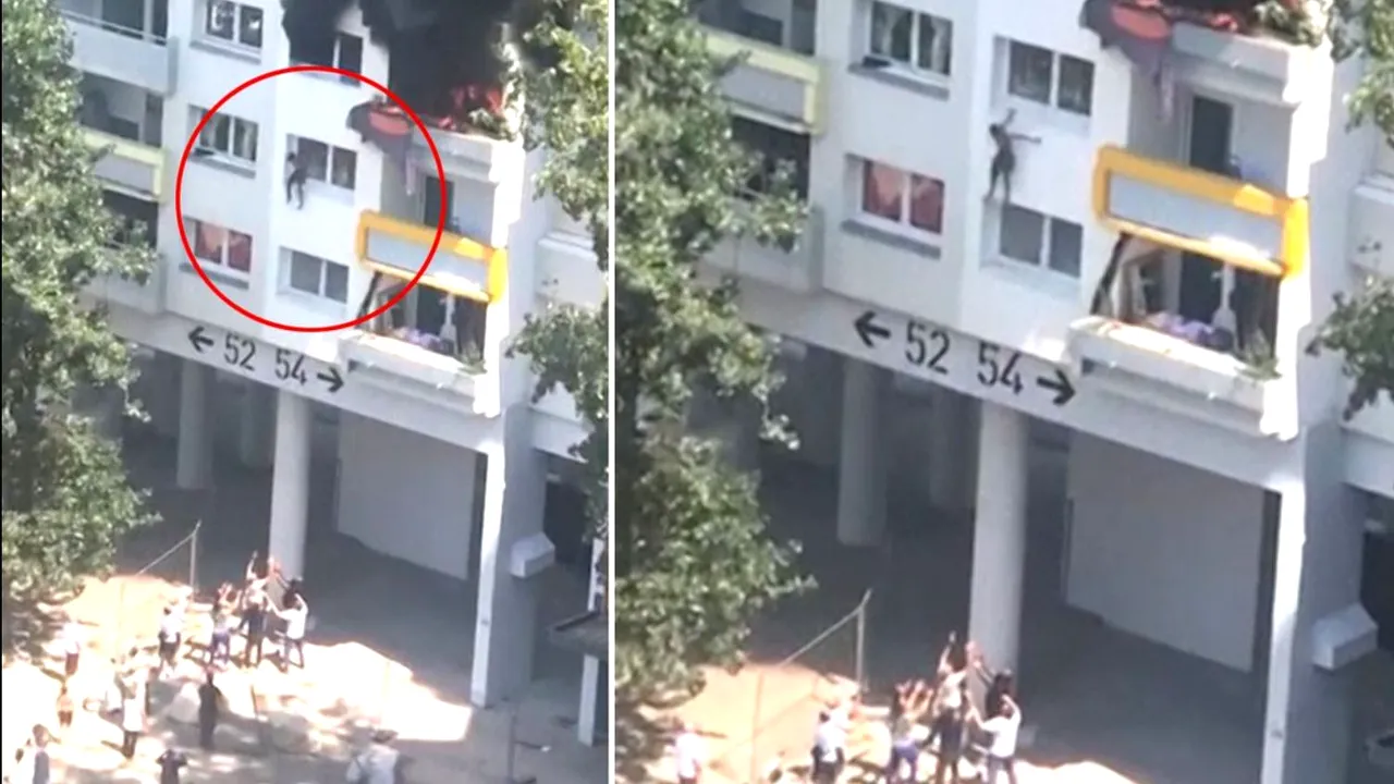 VIDEO: Doi fraţi de 10 şi 3 ani au fost salvaţi dintr-un incendiu după ce au sărit de pe geam în braţele trecătorilor