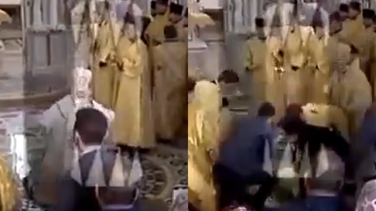 VIDEO Incident în Rusia. Patriarhul rus Kiril a căzut în timpul unei procesiuni religioase: 