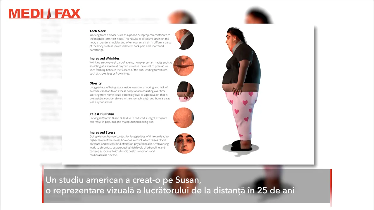 Un studiu american a creat o reprezentare vizuală a lucrătorului de la distanţă în 25 de ani: Obez, cocoşat şi mereu obosit
