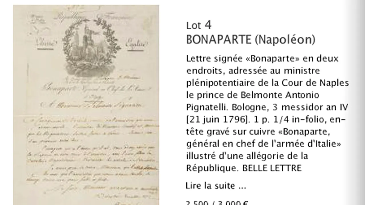 O scrisoare codată a lui Napoleon I, vândută la licitaţie pentru sute de mii de euro