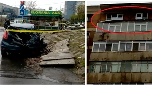 Balcon PRĂBUŞIT peste un autoturism în Capitală. Primăria: Maşina, distrusă în totalitate