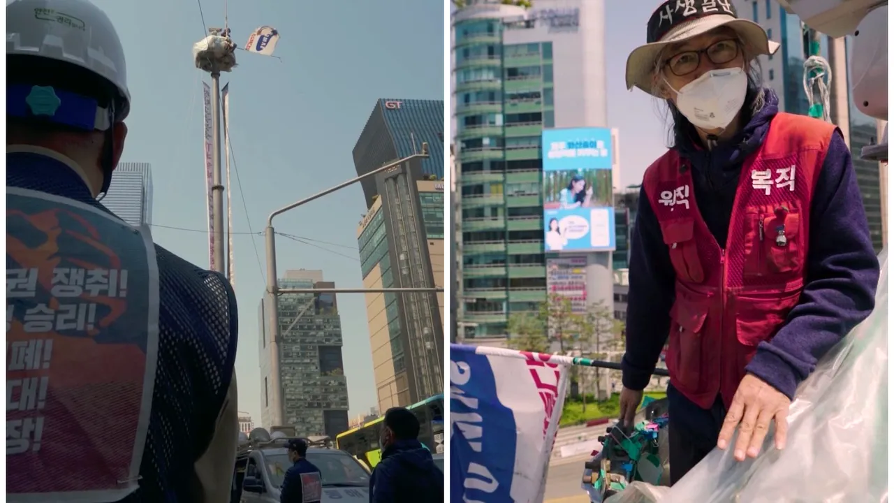 „Protestatar de meserie”, luptă împotriva gigantului Samsung din vârful unui turn de circulaţie. Trăieşte aşa de aproape un an