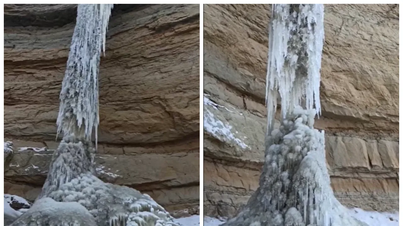 VIDEO Vis de iarnă, în canionul Bahluiului. Imagini spectaculoase cu apele îngheţate ale cascadei