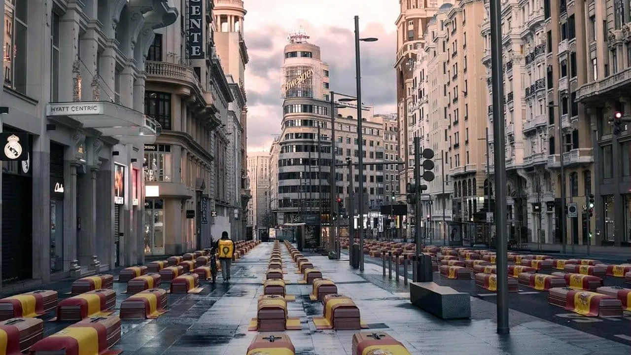 Povestea unei poze false care i-a revoltat pe spanioli: Grand Via din Madrid, plină de sicrie