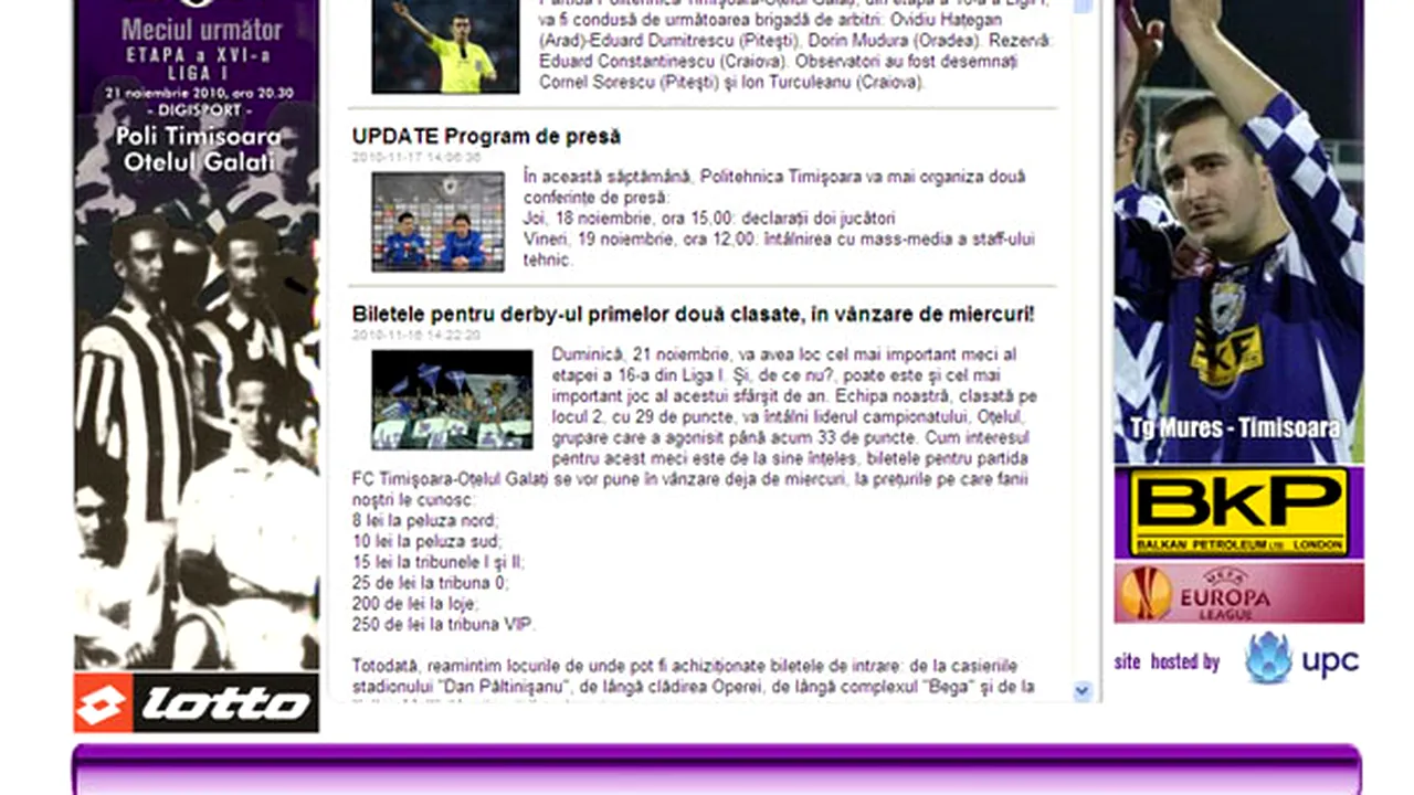 Culorile alb-violet şi denumirea Politehnica, pe site-ul oficial al FC Timişoara