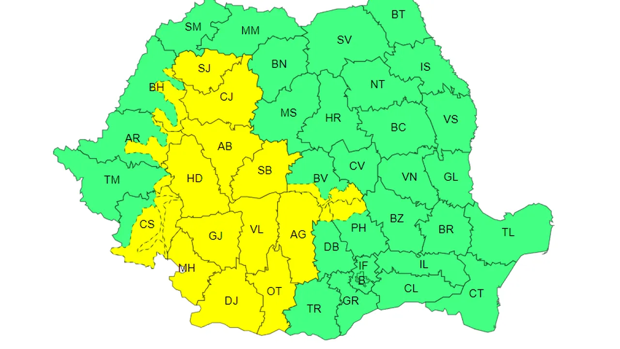 Cod galben de instabilitate atmosferică în 18 judeţe