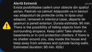 Mesaj nou RO-Alert în Tulcea, după posibilitatea căderii unor obiecte din spațiul aerian. Oamenii, îndemnați să se adăpostească