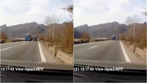 Un şofer de camion, filmat într-o depăşire extrem de riscantă pe Valea Oltului: „Ia uite, mamăăă... Doamne, Dumnezeule”