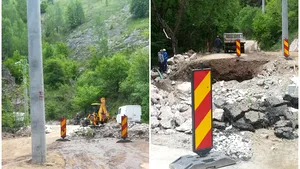 Stâlp lăsat în mijlocul drumului, în comuna Ocoliş. Primarul: „Orice lucrare implică şi sacrificii. Aşa e zona, e valea şi drumul”. FOTO