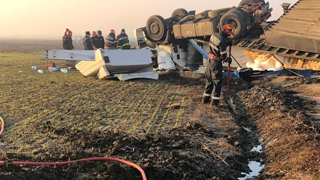 UPDATE: Şoferul camionului RĂSTURNAT în Ialomiţa a murit. S-au înregistrat scurgeri de combustibil | FOTO