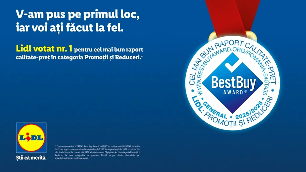 Cumpărături zilnice la prețul care merită: Lidl, recunoscut pentru cel mai bun raport calitate – preț în România, potrivit ICERTIAS Best Buy Award 2025/2026