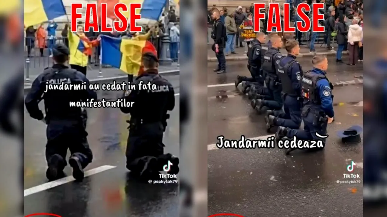 Imagini virale cu jandarmi care îngenunchează în fața protestatarilor, dezmințite de Jandarmeria Română
