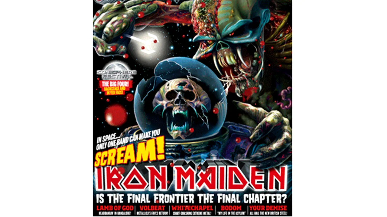 Copertă 3D cu trupa Iron Maiden, într-o revistă britanică