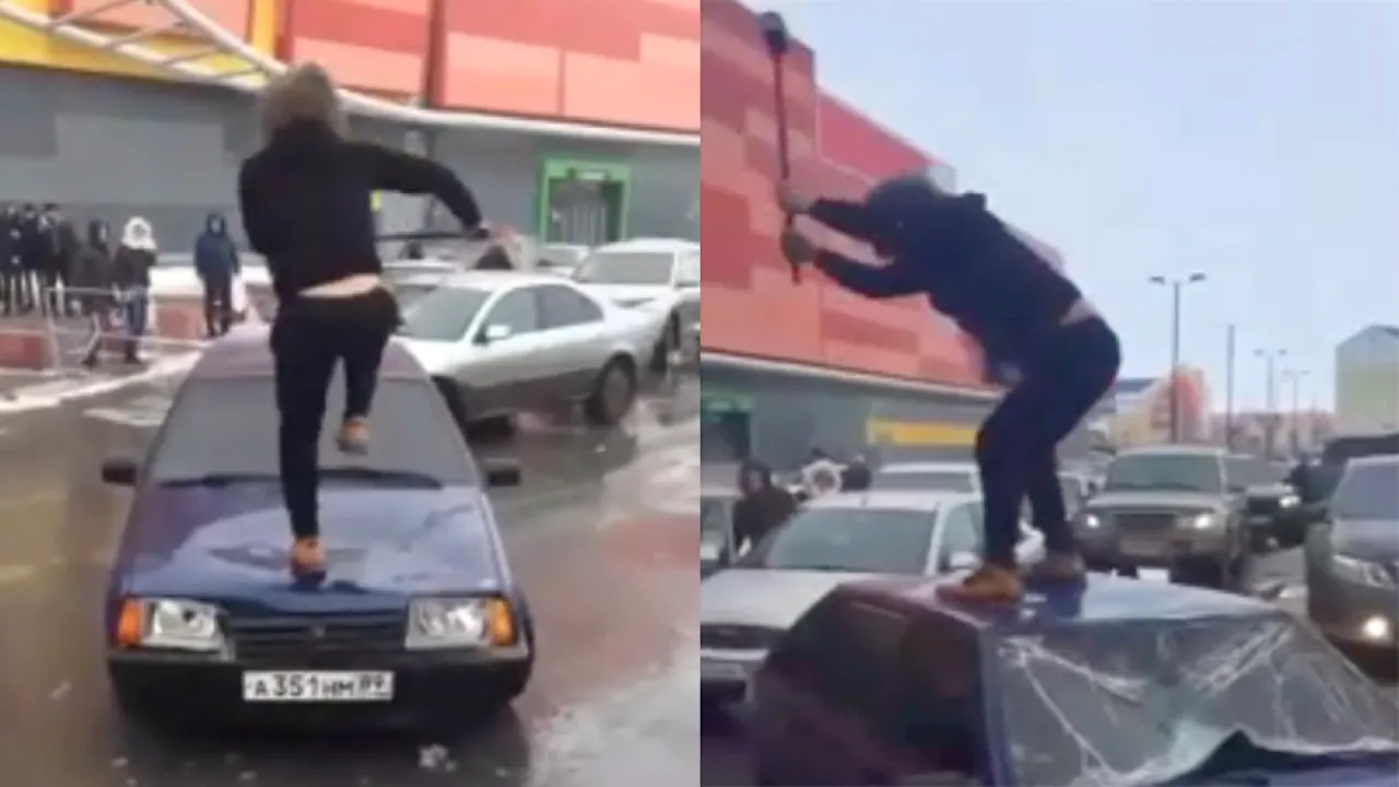 Momentul în care un bărbat, care voia să facă o farsă, îşi vandalizează maşina cu barosul. Gluma a luat o turnură nefastă | VIDEO