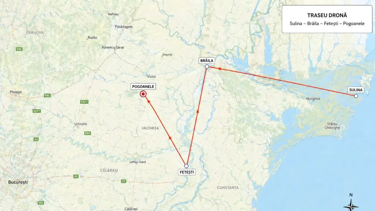 Traseul bizar al dronei doborâte de F-16: a intrat pe la Sulina, a coborât spre Fetești și s-a întors spre Buzău