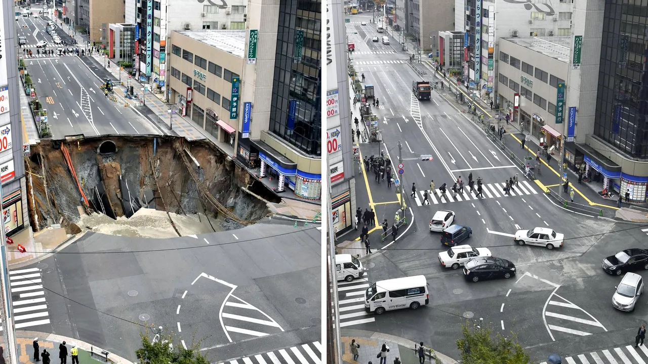 O groapă imensă din mijlocul oraşului Fukuoka, surpată aparent fără motiv, reparată de japonezi în doar două zile 