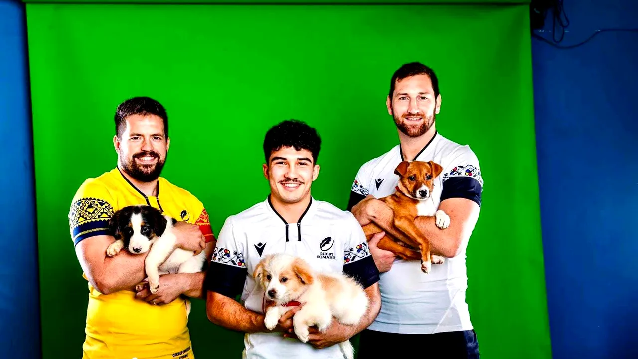 Rugbiştii tricolori, shooting photo alături de căţeii ASPA, pentru calendarul anului 2025