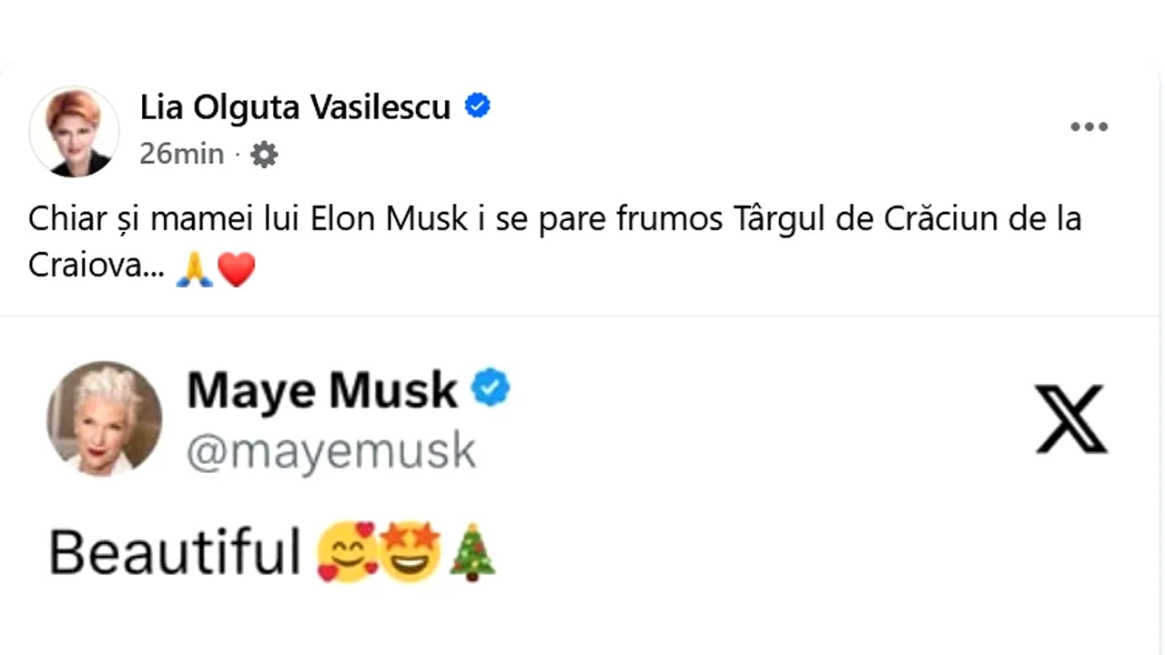 Mama lui Elon Musk, despre o postare cu Târgul de Crăciun din Craiova: Beautiful