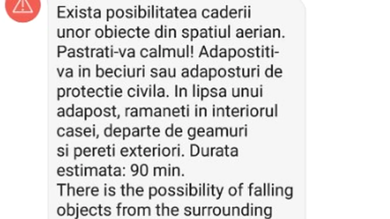 Mesaj Ro Alert în Constanţa: „Există posibilitatea căderii unor obiecte din spaţiul aerian”