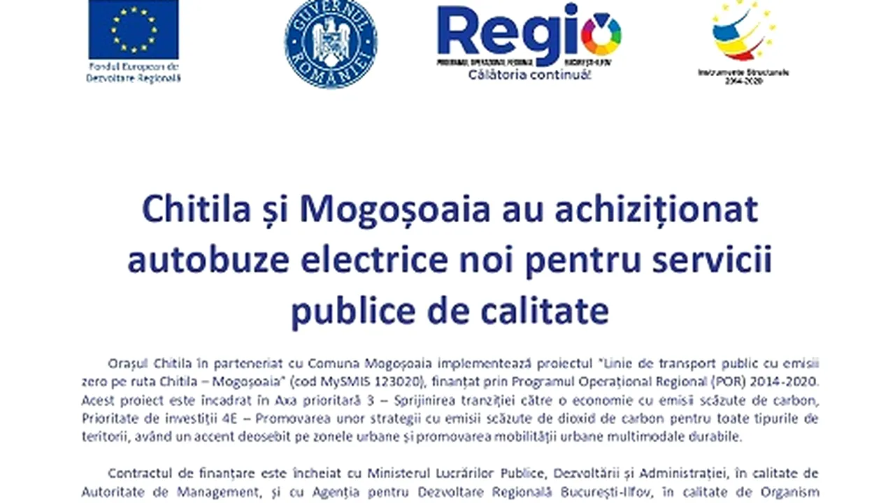 Chitila şi Mogoşoaia au achiziţionat autobuze electrice noi pentru servicii publice de calitate