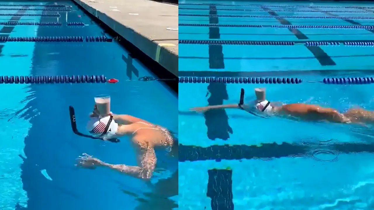 VIDEO. Înotătoarea olimpică Katie Ledecky face o tură de bazin în timp ce ţine în echilibru un pahar cu lapte pe cap