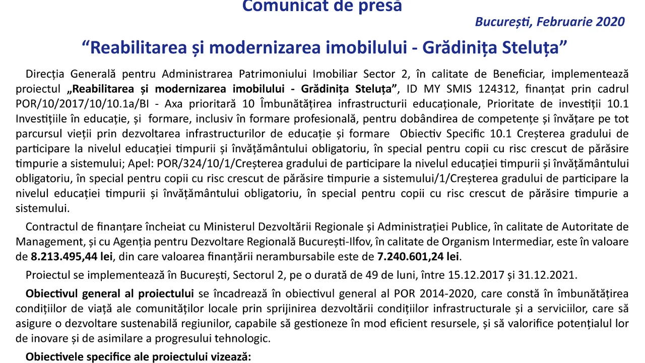 Reabilitarea şi modernizarea imobilului - Grădiniţa Steluţa