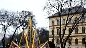 GALERIE FOTO Instalaţie urbană uriaşă din aţă şi cuie bătute în lemn, într-un parc din Timişoara