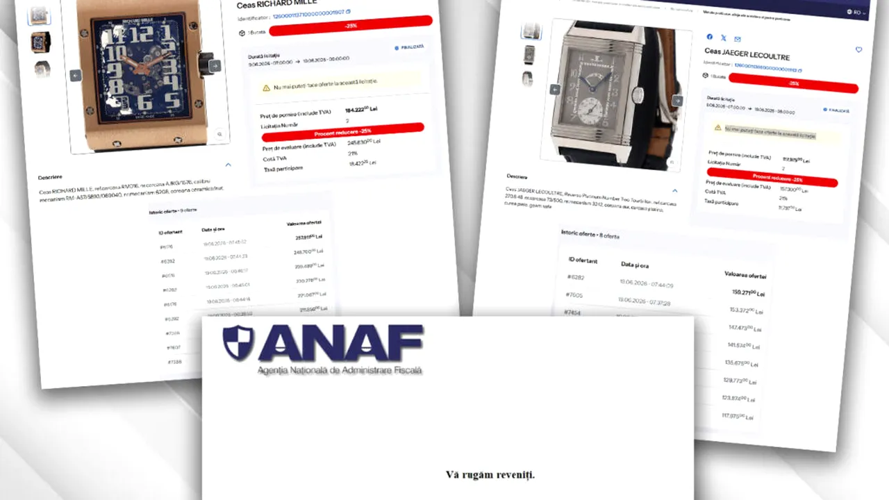 Licitație ANAF cu semne de întrebare: ceas de lux evaluat pe piață la până la 68.000 de euro, adjudecat cu 159.271 de lei. Participanții reclamă că site-ul a picat în momentele decisive ale licitației