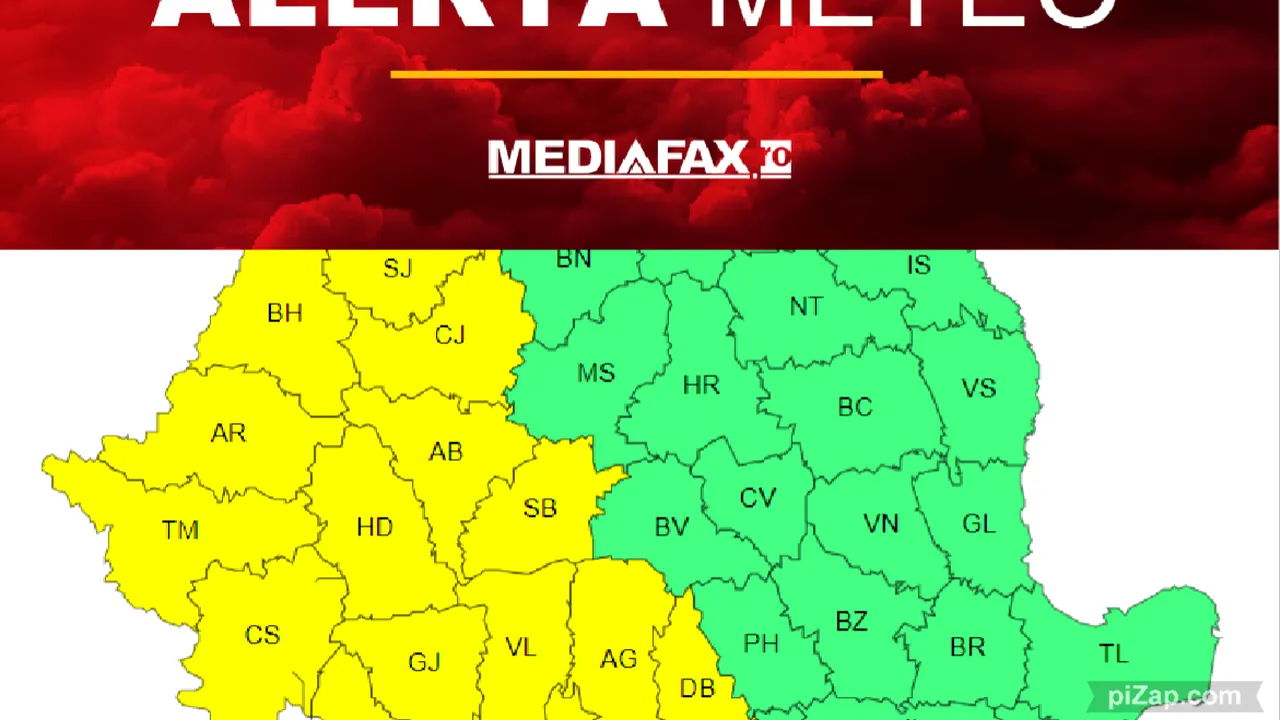 METEO. ANM: Cod galben de ploi şi vânt în 18 judeţe, până joi dimineaţa