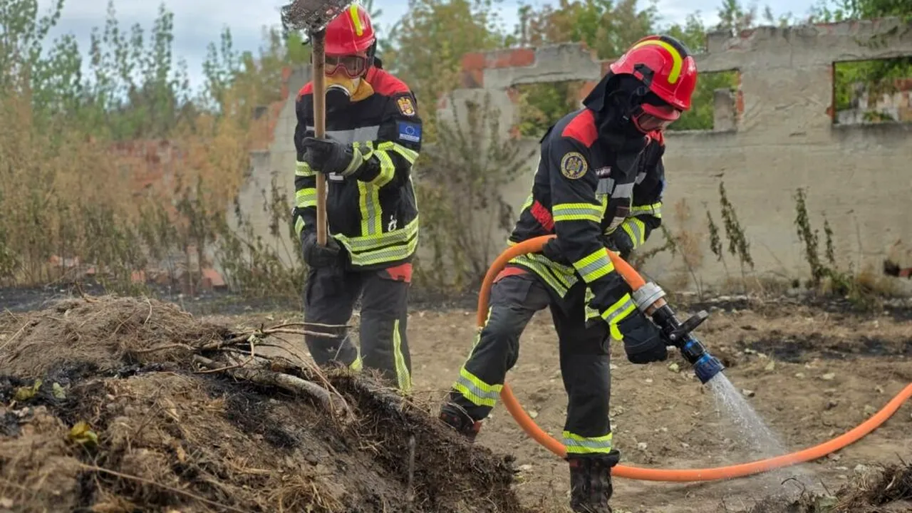 Primele imagini cu pompierii români detașați în Serbia. Intervin în două localități pentru stingerea incendiilor de vegetație