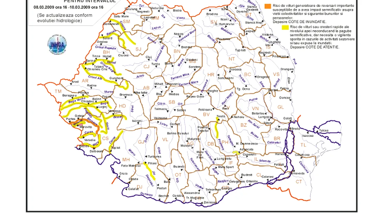 Codul portocaliu de inundaţii pe Bârzava, prelungit până marţi