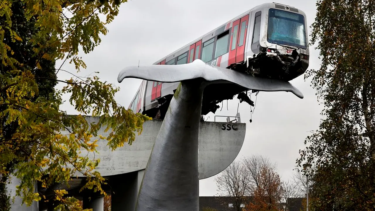 Accident inedit cu un tren care a deraiat în Olanda. Sculptura unei cozi de balenă a oprit vehiculul de la prăbuşire