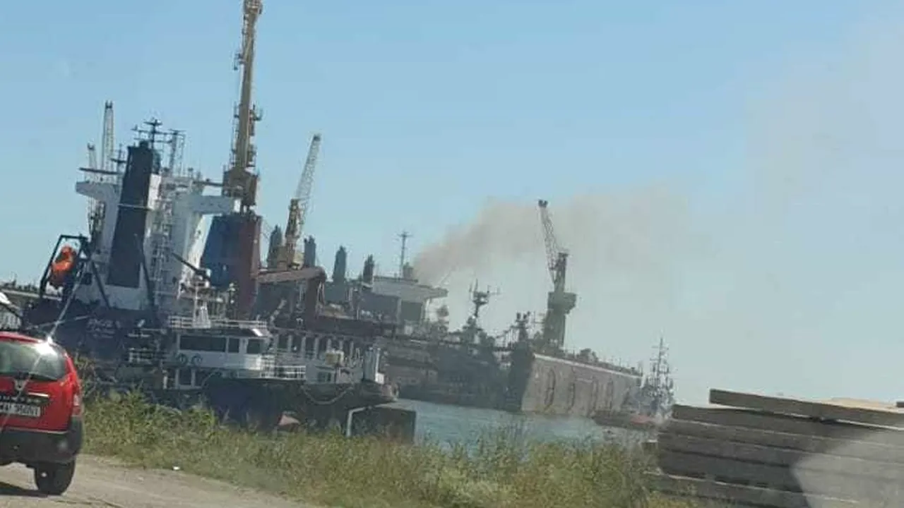 Alertă în şantierul naval din Midia: arde un vapor