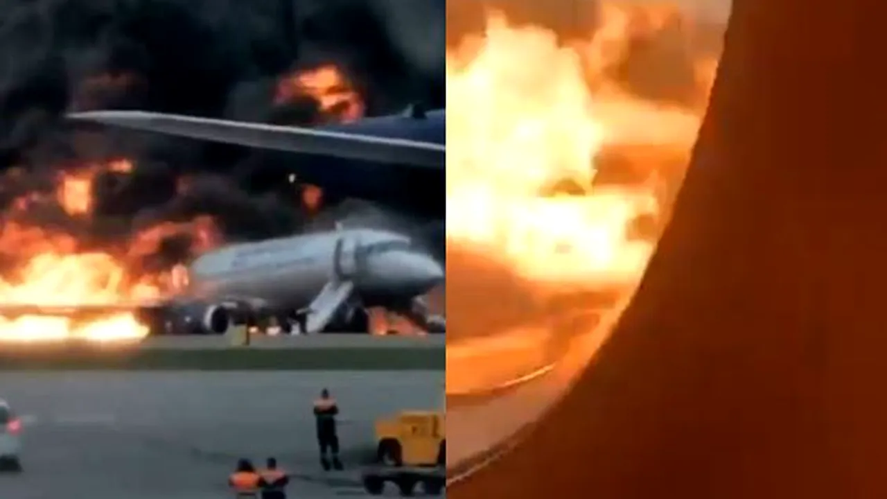 Noi IMAGINI cu avionul care a aterizat în FLĂCĂRI în Moscova/ Un pasager a filmat scenele cumplite din interiorul aeronavei  | VIDEO 