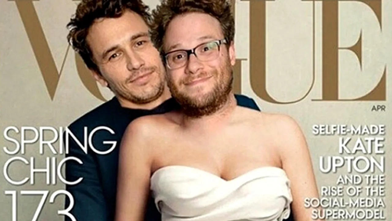 James Franco şi Seth Rogen au parodiat coperta Vogue pe care apare cuplul Kim Kardashian-Kanye West - FOTO