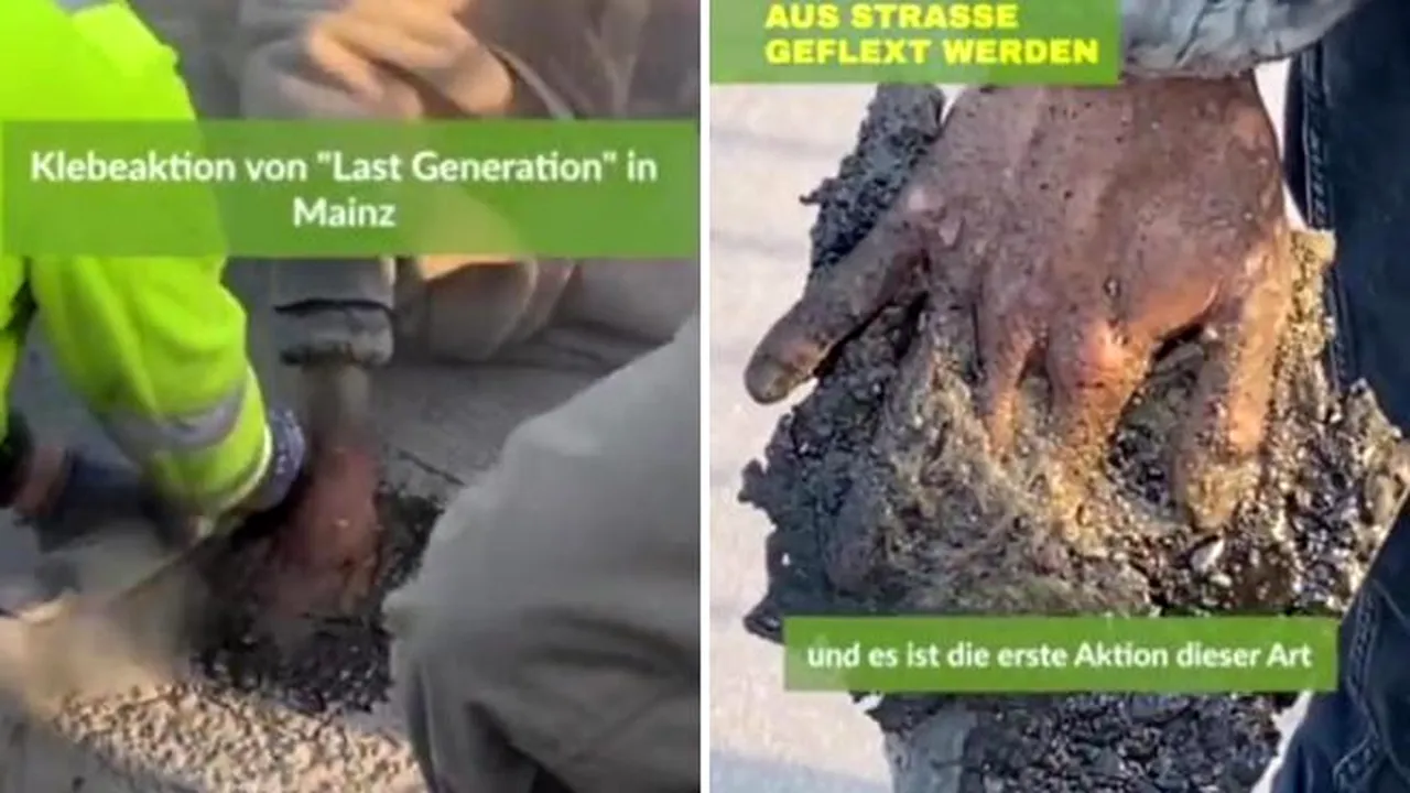 Un activist german şi-a băgat mâna în cimentul din asfalt

