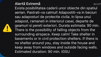 NEWS ALERT Mesaj nou RO-Alert în Tulcea, privind posibilitatea căderii unor obiecte din spațiul aerian. MApN: Două avioane F-16 au fost ridicate de urgență