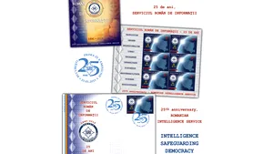 Un timbru care marchează aniversarea a 25 de ani de la înfiinţarea SRI, lansat de Romfilatelia