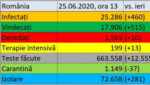 Coronavirus în România LIVE UPDATE 25 iunie: 460 de noi cazuri şi 10 decese confirmate în ţară / Bilanţ actualizat