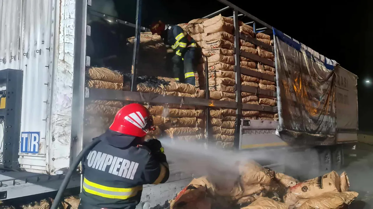 TIR în flăcări: Cinci tone de cărbuni de grătar au ars în Vama Giurgiu