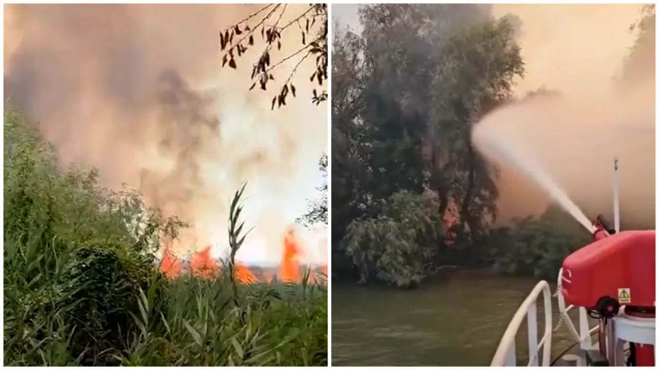 Incendiu puternic în Delta Dunării. Există pericol de propagare la fondul forestier. Arafat: Intervenția pe apă, esențială