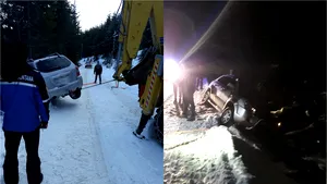 Trei persoane, salvate de jandarmii montani după ce maşina lor a intrat în şanţ. FOTO