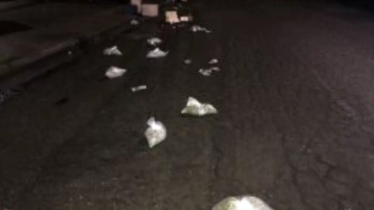Păţania unor tineri care au jefuit un magazin cu marijuana. Drogurile au căzut din maşină, lăsând o dâră 