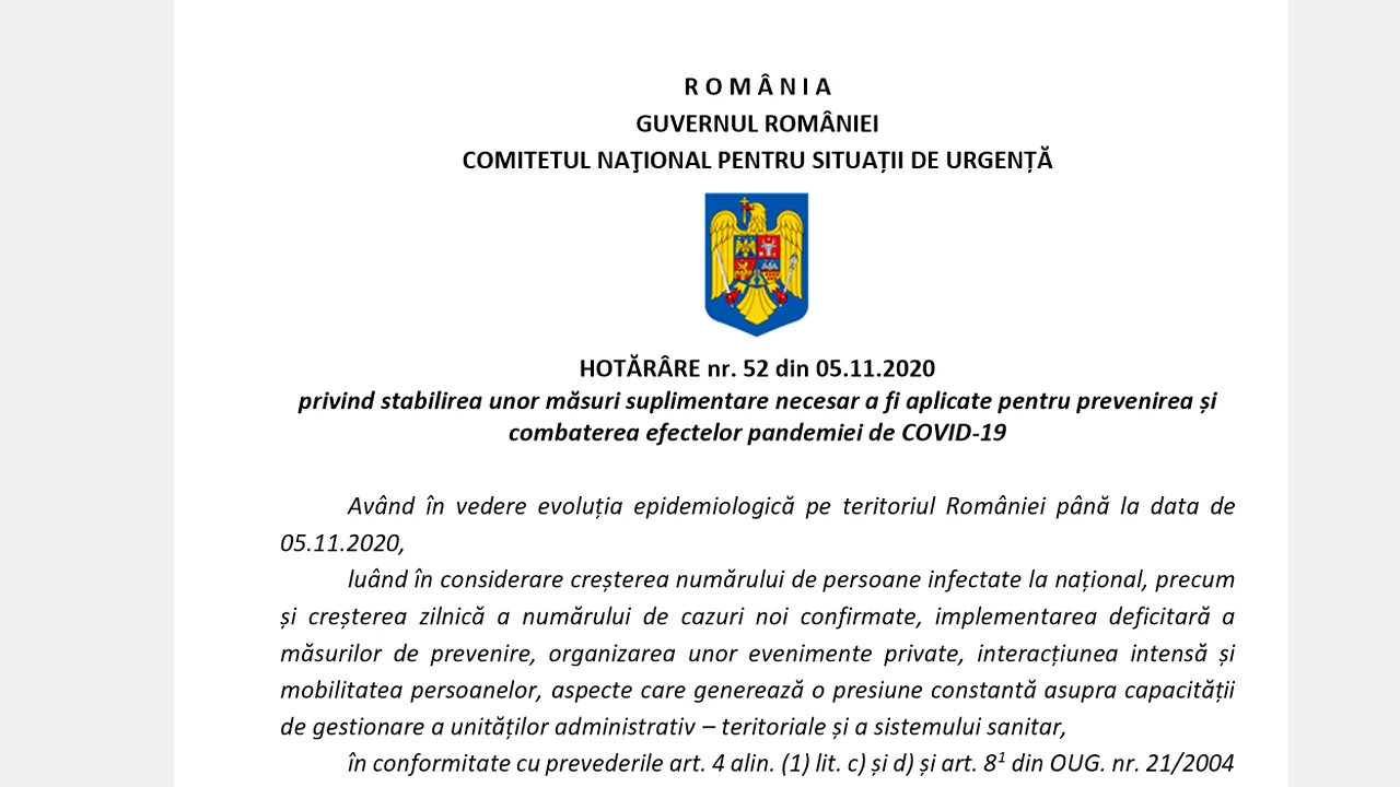 Declaraţia de proprie răspundere revine din 9 noiembrie. Masca obligatorie, scoala doar online, telemuncă şi magazine închise după 21.00 | DOCUMENT Hotărârea CNSU nr.52
