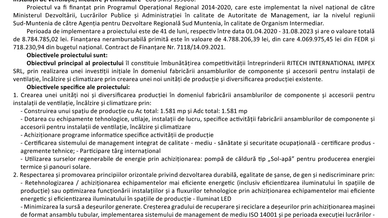 Dezvoltarea activităţii RITECH INTERNATIONAL IMPEX S.R.L prin crearea unei noi unităţi de producţie