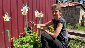 Un artist pictează flori pe găurile lăsate de gloanţe în Bucea