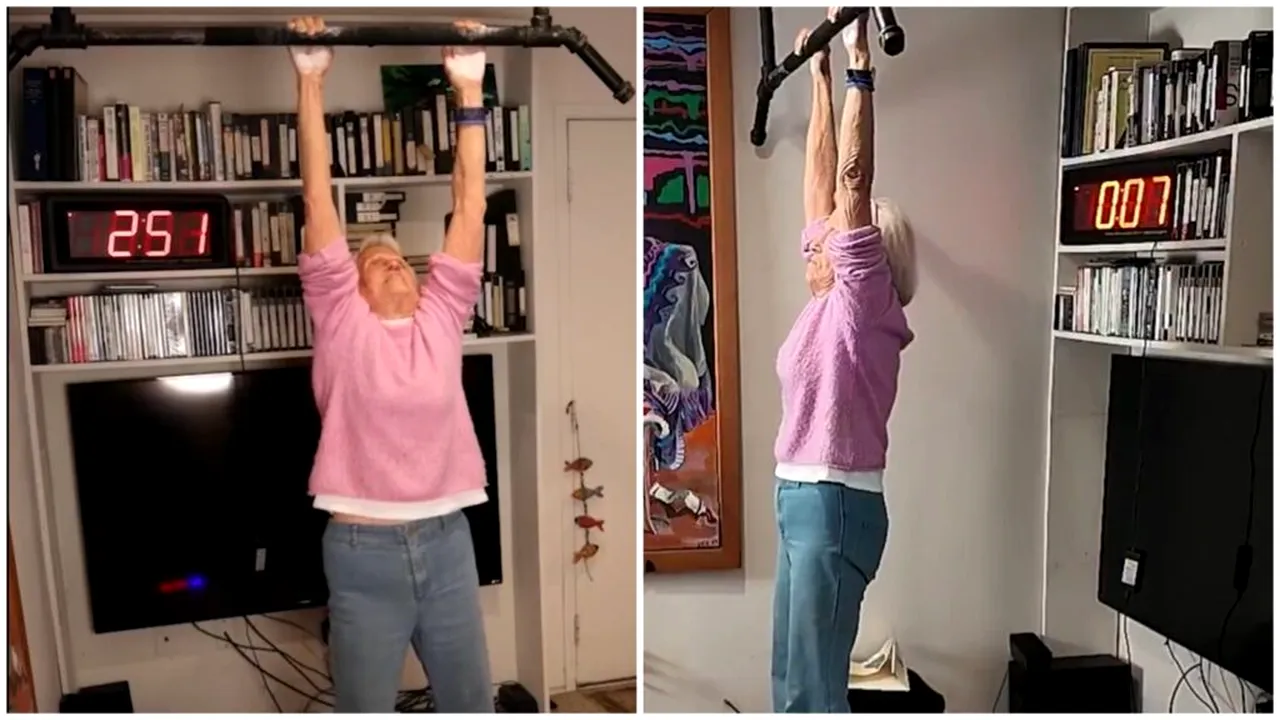 O femeie de 90 de ani a stabilit recordul mondial stând agățată de o bară de tracțiuni