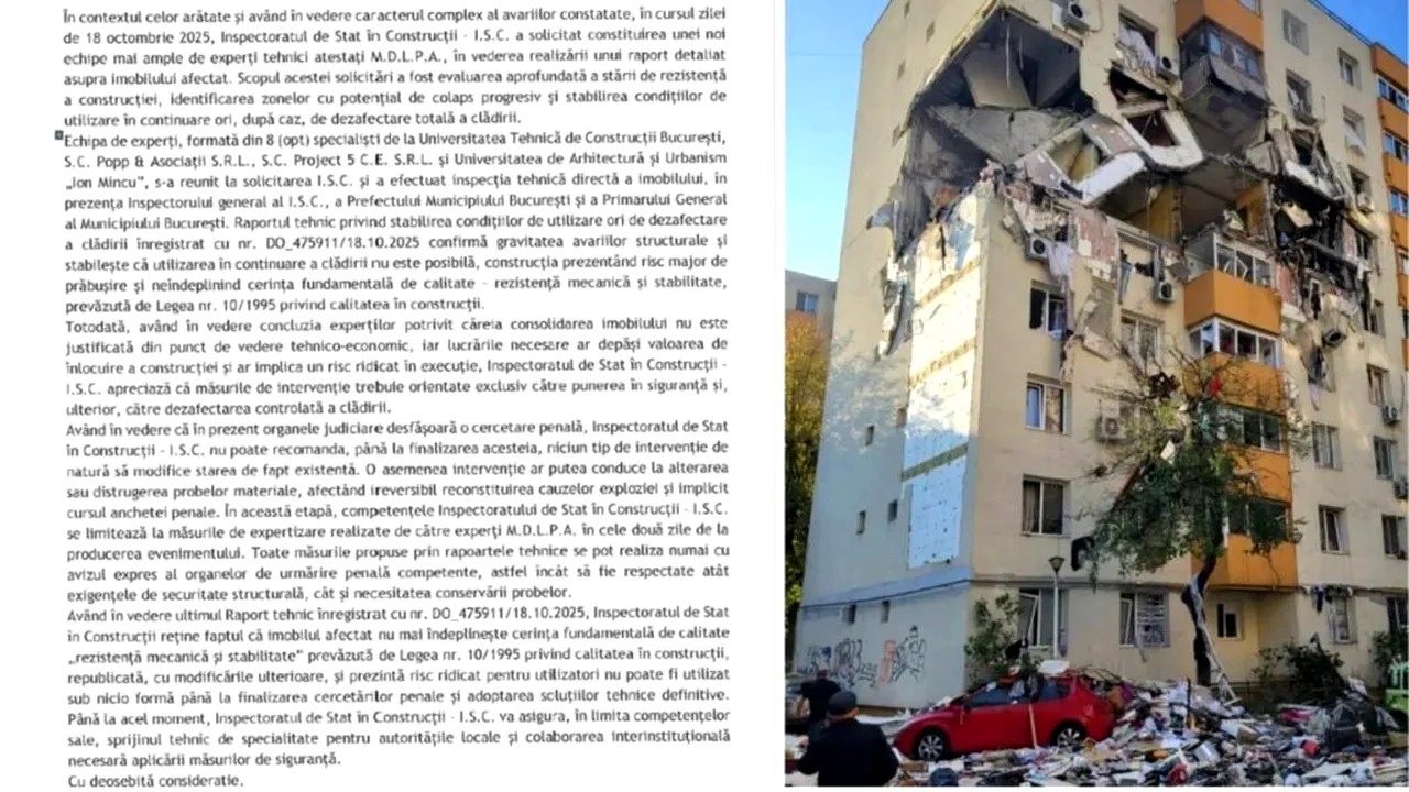 ISC a emis deja raportul în cazul blocului din Rahova afectat de explozie